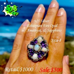925 Sterling Silver Ethiopian Fire Opal, Amethyst & Sapphire Ring!